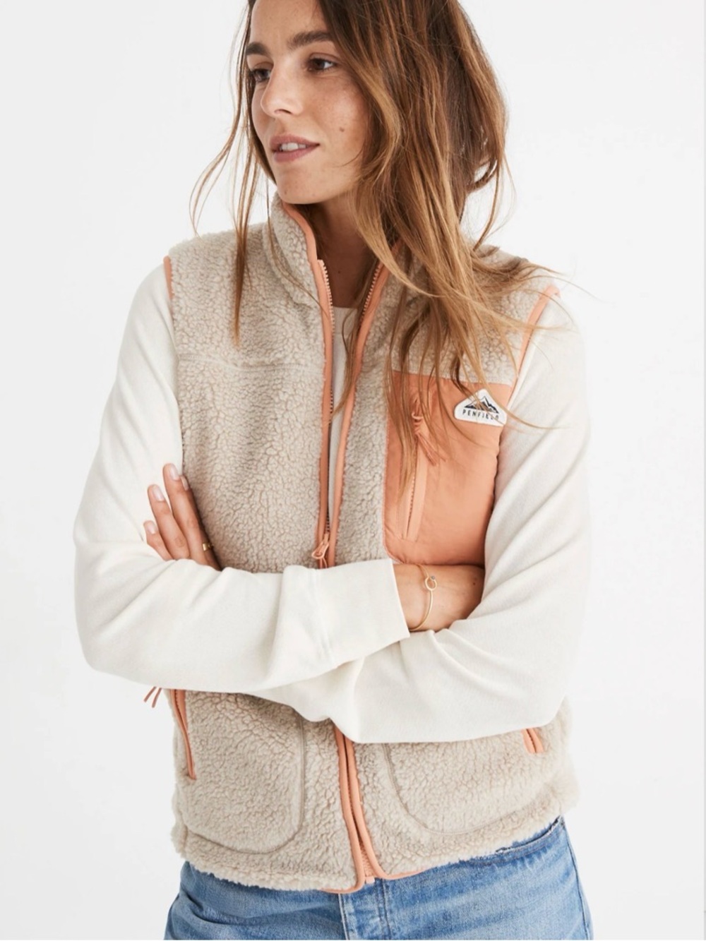 Penfield Beige Sherpa Vest with Peach Trim